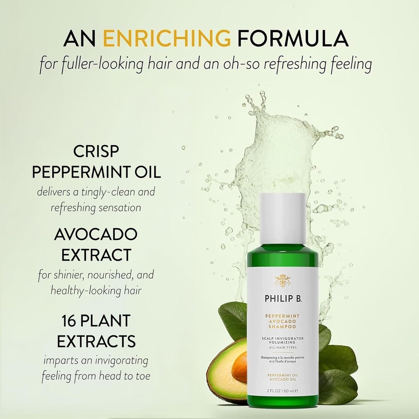 PHILIP B. Peppermint Avocado Conditioner 6oz + Peppermint Avocado Shampoo 2oz Set - Volumizing & Clarifying, Peppermint Oil and Eucalyptus Invigorates the Scalp With a Tingly Sensation