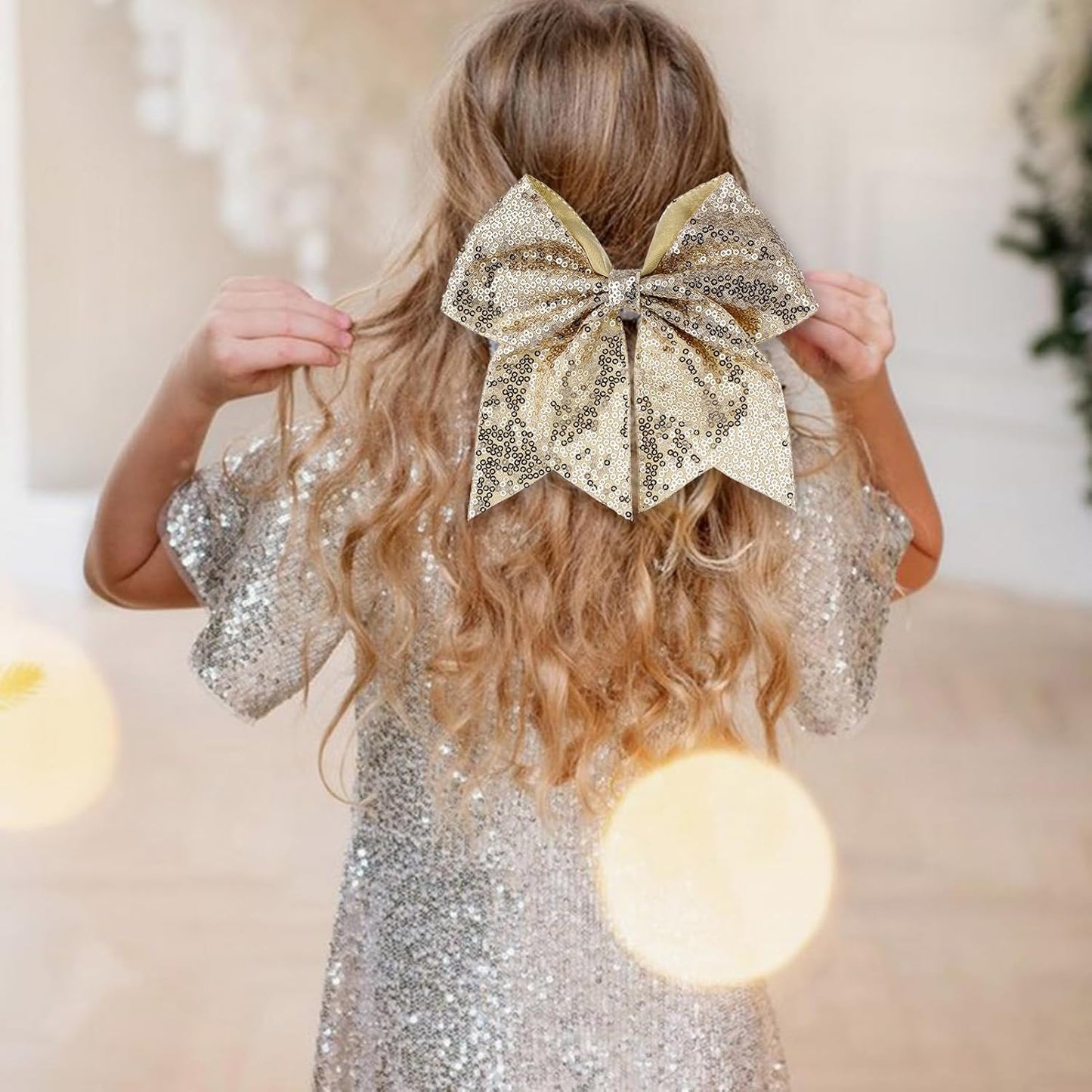 Large Big 7 Inch Glitter Bow Clip Sequin Bling Party Hair Accessories for Women Teens Girls Kids 2 Pcs (Yellow, Gold)