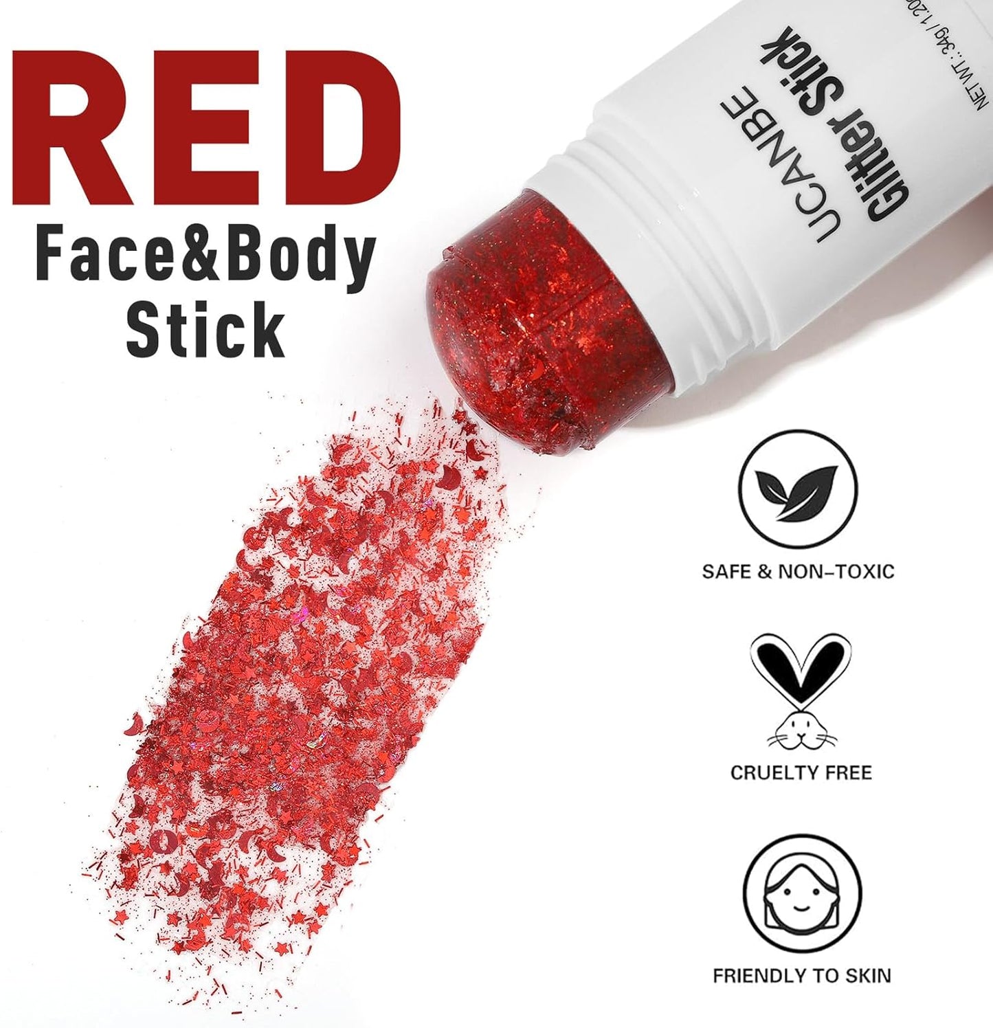 UCANBE Red Body Glitter Stick for Singer Concerts Music Festivals, Face Glitter Makeup for Face Body Hair Eyes & Lips, Chunky Glitter Sparkling Mermaid Sequins for Women 1.2OZ