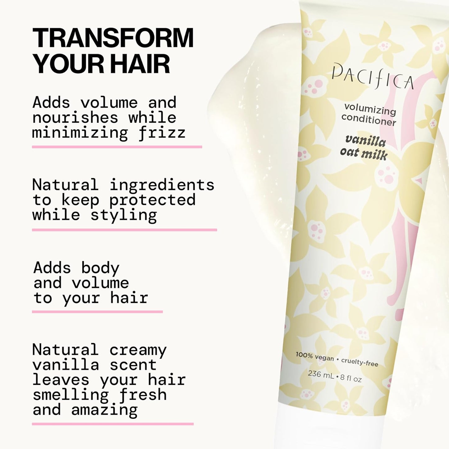 Pacifica Vanilla Oat Milk Hair Conditioner – Volumizer for Fine/Flat Hair, Weightless Oat Milk & Apple Extract for Bounce & Smoothness, Silicone Free Clean Beauty, Vegan Cruelty-Free