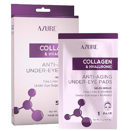 Azure Cosmetics Collagen & Hyaluronic Acid Anti Aging Under Eye Pads - Lifting & Moisturizing Eye Mask Patches - Reduces Fine Lines, Wrinkles, Dark Circles & Puffiness - Made in Korea - 5 Pairs