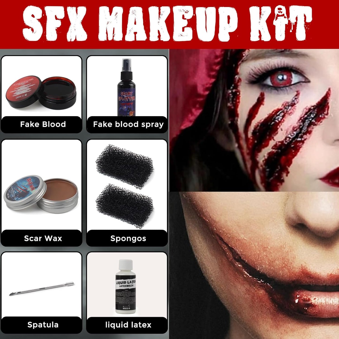Halloween Fake Blood SFX Makeup Kit – 7PCS Special Effects Set with Fake Blood Spray, Liquid Latex+Scar Wax+Fake Blood Gel+Spatula Tool & 2 Stipple Sponges – Vampire Zombie Makeup Kit for Face & Body