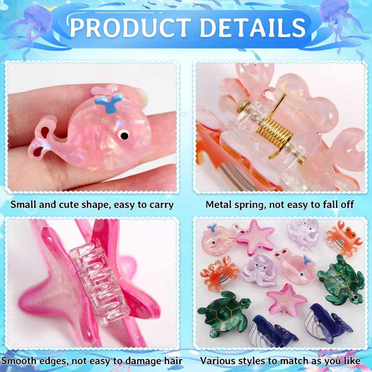 Mini Sea Animals Hair Claw Clips - 12Pcs Trendy Small Non-Slip Clips for Women Girls, Cute Kawaii Classic Hair Claws-Mini Ocean Hair Accessories Gifts(sea animal 2)