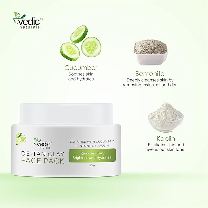 De Tan Face Pack-100g | Enriched With Cucumber Extract, Bentonite Clay & Kaolin Clay | Removes Tan, Skin Brightening & Hydrates | 100% Organic