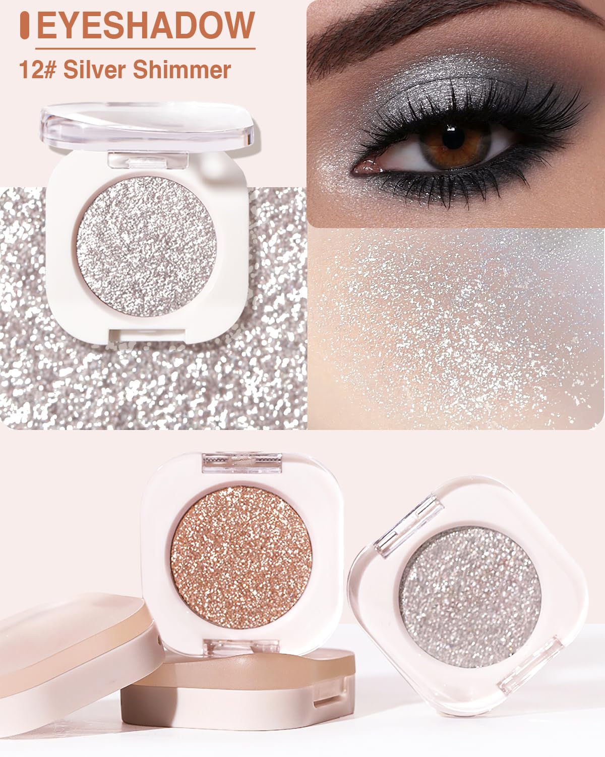Glitter Shimmer Eyeshadow, Pigmented, Soft, Smooth Formula, Blendable Sparkly Eye Shadow, Long-lasting Metallic and Shimmer Finish, Galaxy Silver