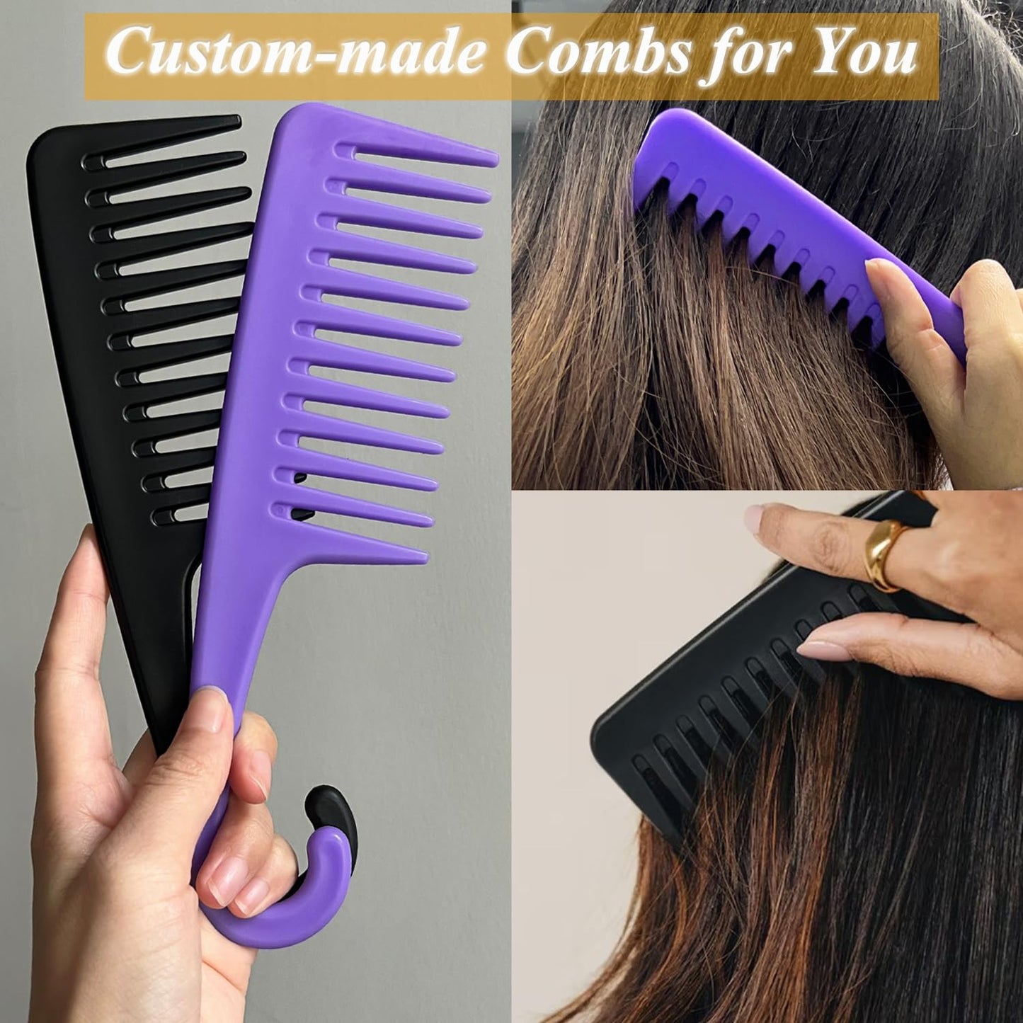 2PCS Large Wide Tooth Comb, Shower Combs with Hook for Wet Curly Hair, Premium Big Hair Brush Combs to Detangle Curls, Women Detangler Comb for Detangling Wigs, Styling Dry Thick Long Cabello