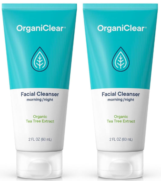 Facial Cleanser w/Organic Tea Tree & Salicylic Acid – Gentle Daily Foaming Gel Face Wash for Deep Cleansing & Makeup Removal – Unclogs Pores, Eliminates Dirt & Oil, (2 oz) 2 Pack