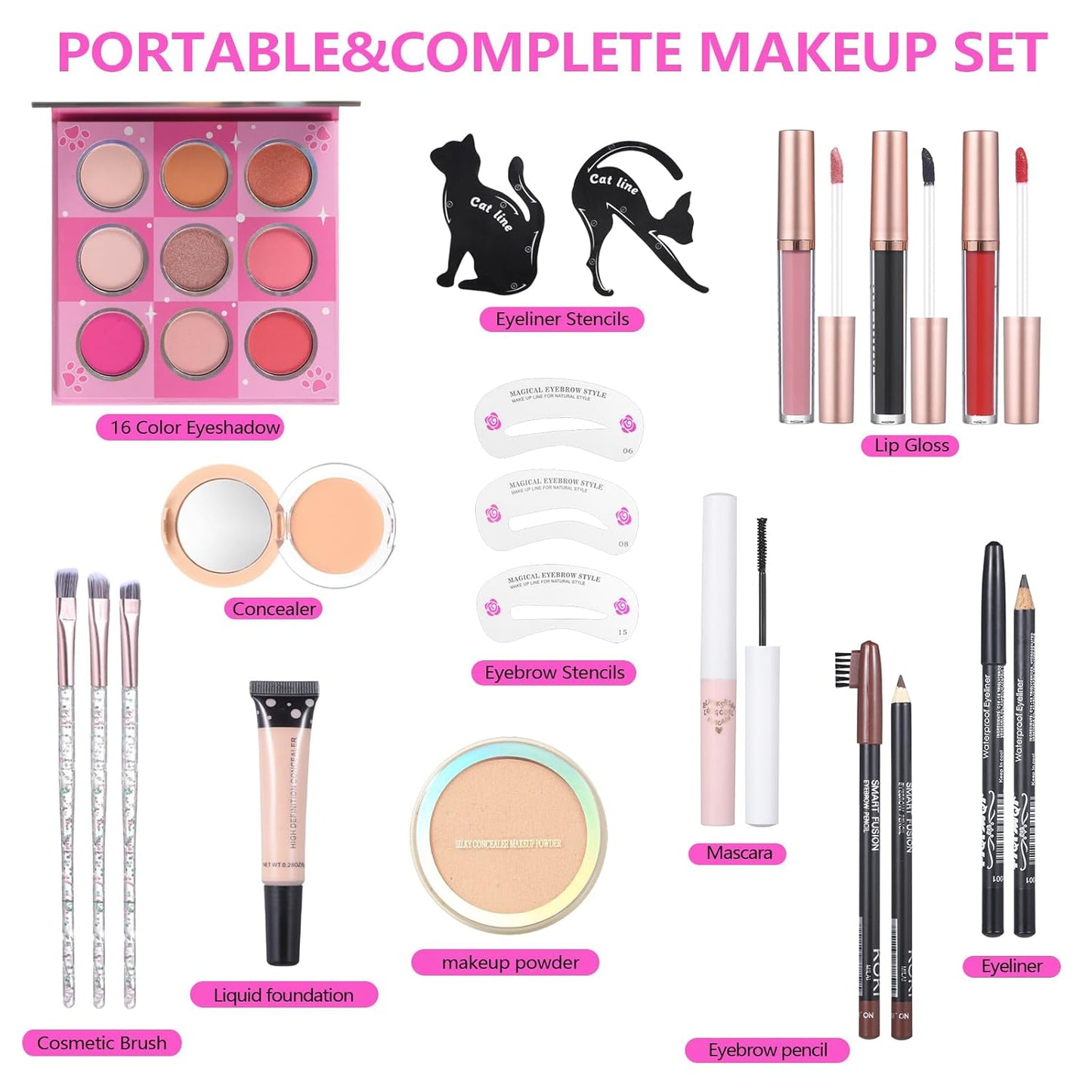 Makeup Kit Set For Teens, Make Up Gift For Women,Includes Eyeshadow Palette, Lip Gloss, Mascara, Eyeliner, Foundation, Concealer, Brushes Set (kit094)