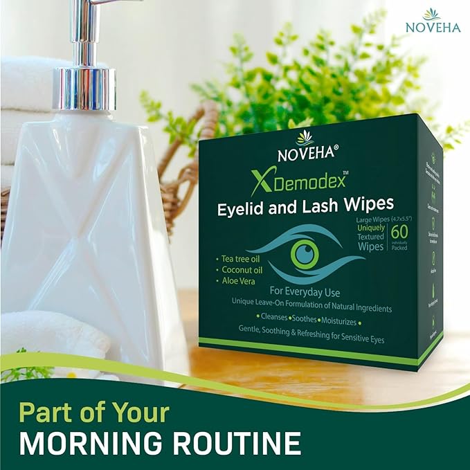 NOVEHA Demodex Eyelid & Lash Wipes | Box of 60 Individually Wrapped Extra Strength Cleansing Eyelash Wipes - Battles Irritated Eyes - Naturally Remove Debris (Pack of 3)