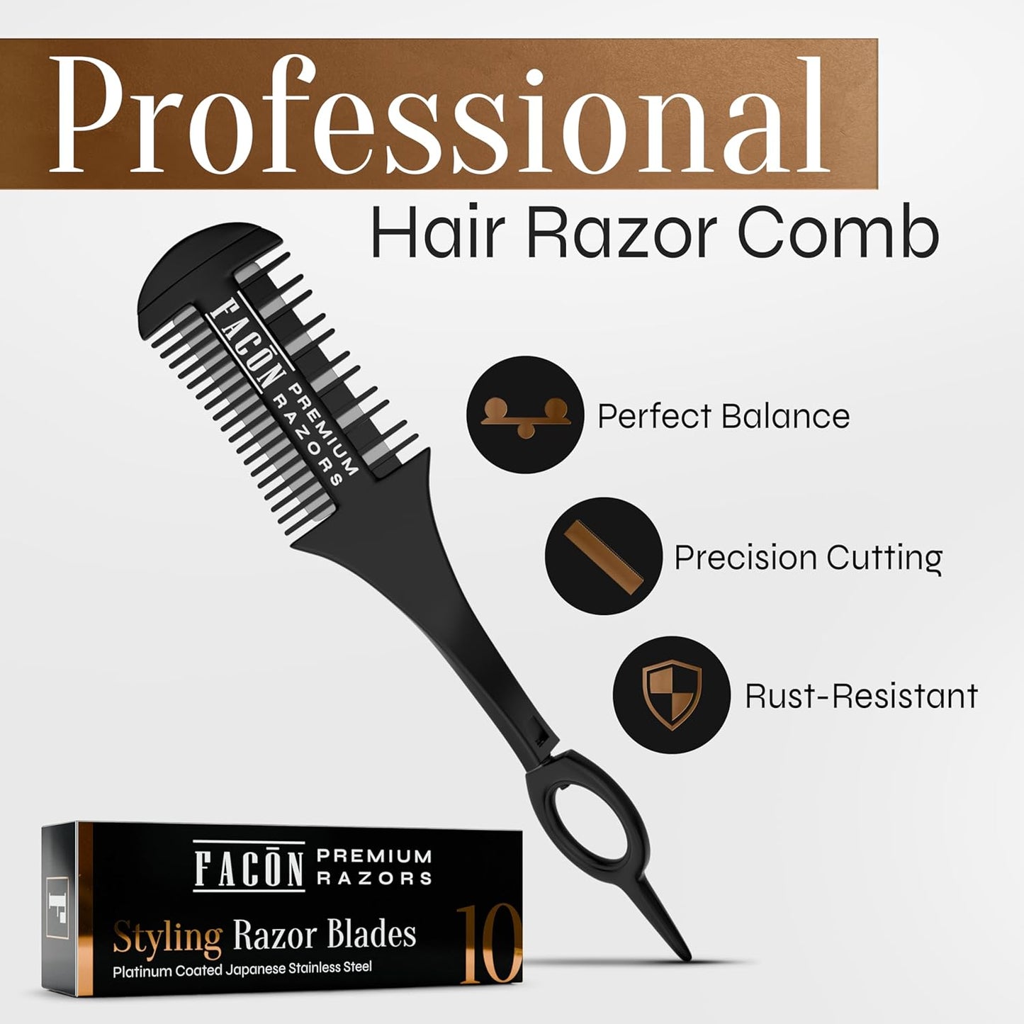 Facón Razor Comb for Hair Cutting - Professional Hair Cutting Comb Kit with 12 Replacement Blades, Double Edge Shaper for Salon & Home, Premium Styling Thinning Texturizing Split Ends Trimming Razor