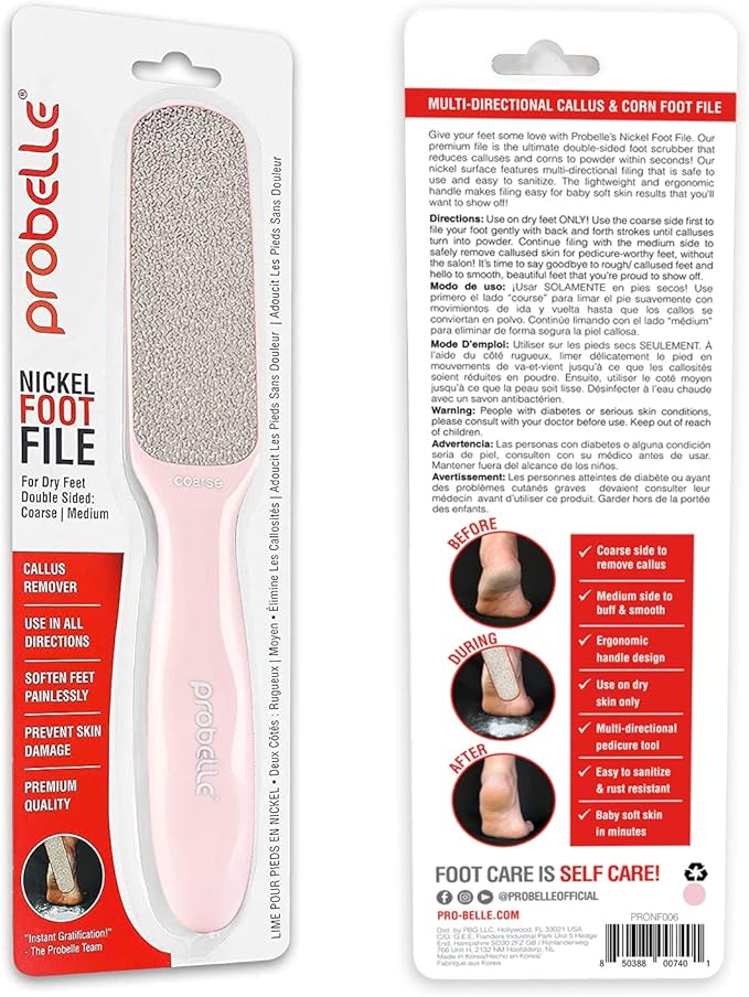 Probelle Double Sided Multidirectional Nickel Foot File Callus Remover - Immediately Reduces calluses and Corns to Powder for Instant Results, Safe Tool (Pink)
