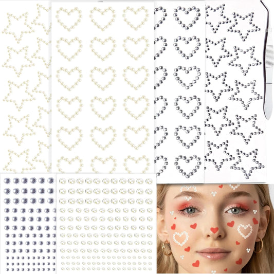 Hair Face Gems Pearls Self Adhesive Heart Star Pearl Rhinestone Stickers, Stick on Rhinestones Gem for Hair, Face Makeup, Body, Crafts, Festival Makeup