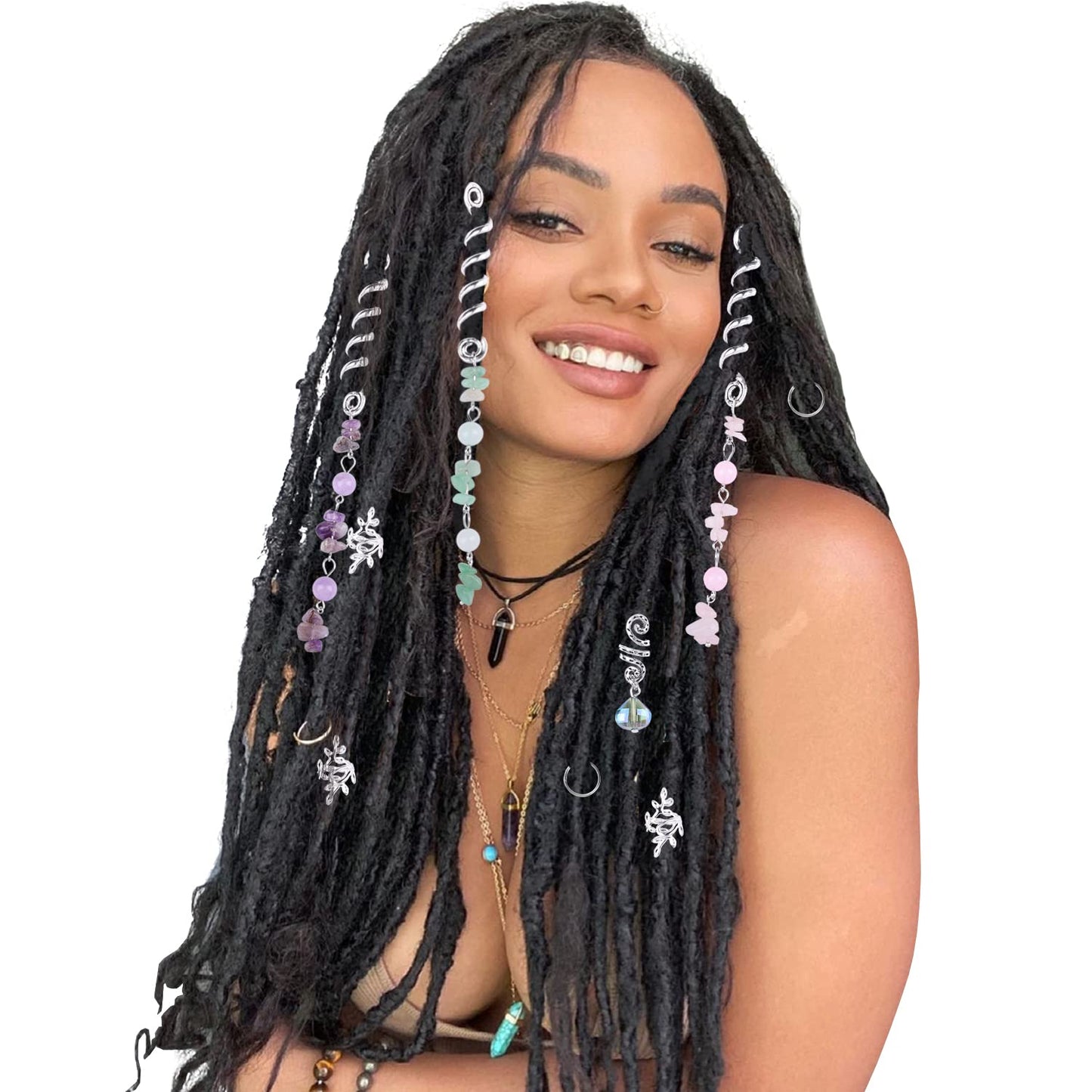 Leeven 50 PCS Colored Natural Stone Pendant Hair Jewelry for Braids Silver Hair Beads Crystal Dreadlock Accessories for Women