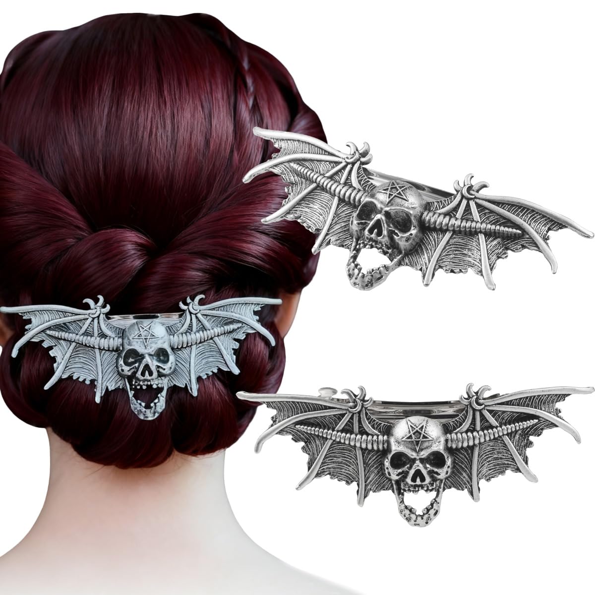 2PCS Gothic Skull Bat Hair Clip with Pentagram – Witch Hair Accessories, Spooky Goth Hair Clips for Women, Halloween Skull Hair Accessories, Witchy Gifts