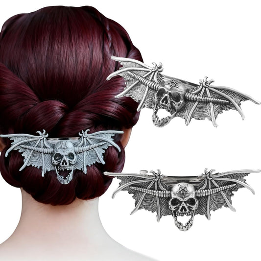 2PCS Gothic Skull Bat Hair Clip with Pentagram – Witch Hair Accessories, Spooky Goth Hair Clips for Women, Halloween Skull Hair Accessories, Witchy Gifts