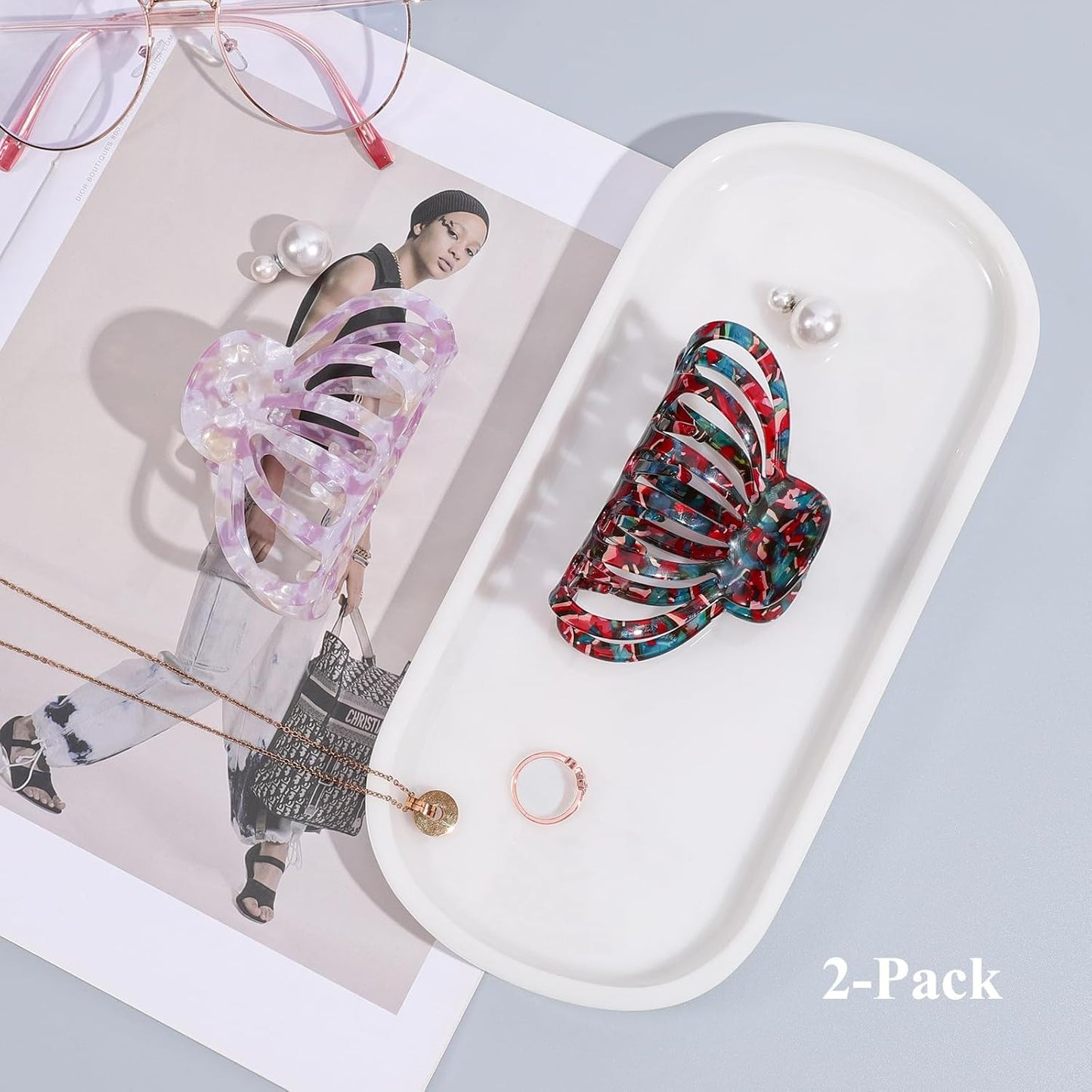 Shinowa Hair Clips, 2-Pack Bohemian Tortoise Shell Hair Claw Clips Strong Hold Big Hair Jaw Clips for Thick Hair, Hair Accessories for Women Girls, Colorful + Pink