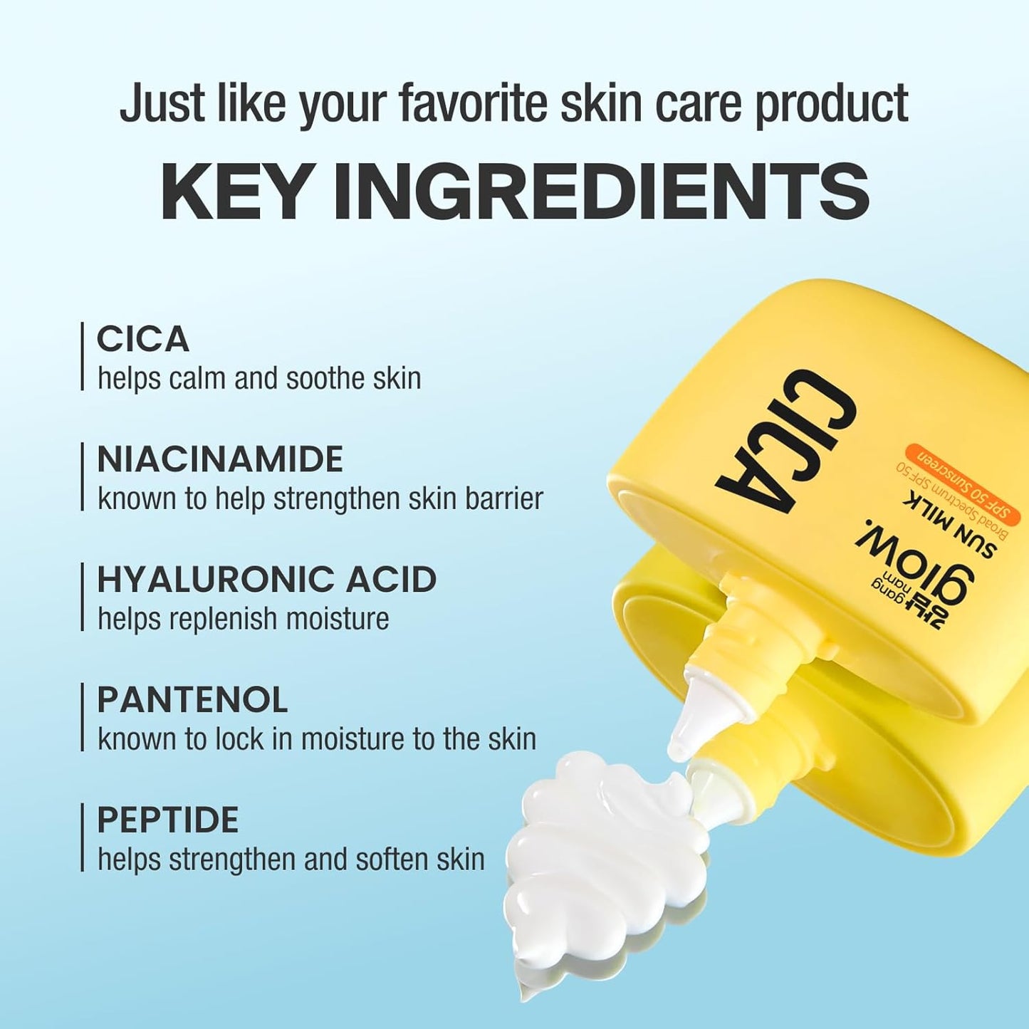 CICA SUN MILK, Moisturizer with SPF 50, Invisible Broad Spectrum Sunscreen for Face, No White Cast, Sun Protection with Cica and Niacinamide, Glow Natural Korean Sunscreen 1.69 fl.oz