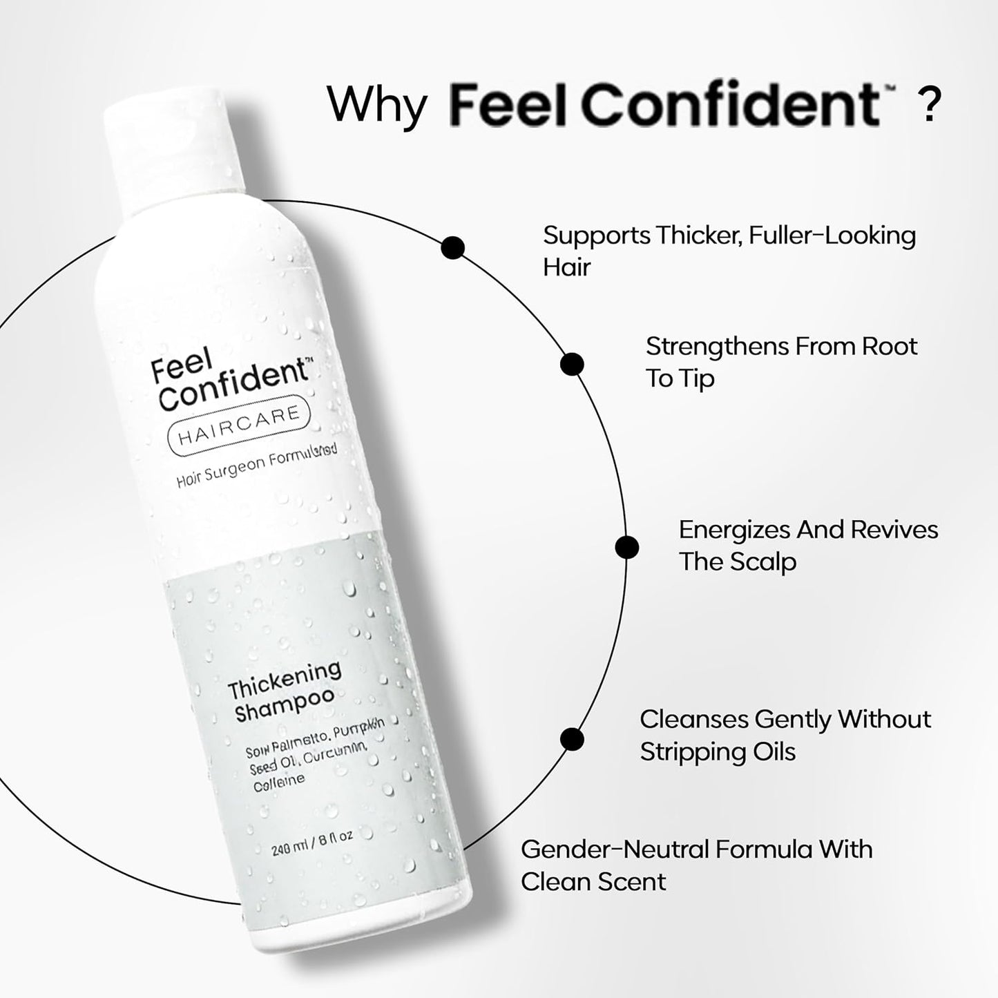 Haircare Thickening Shampoo - Gender-Neutral, Hair Surgeon Formulated. Pumpkin seed oil, Turmeric root extract, Saw palmetto, and Caffeine to Density and Growth. 8oz / 240 mL Bottle.