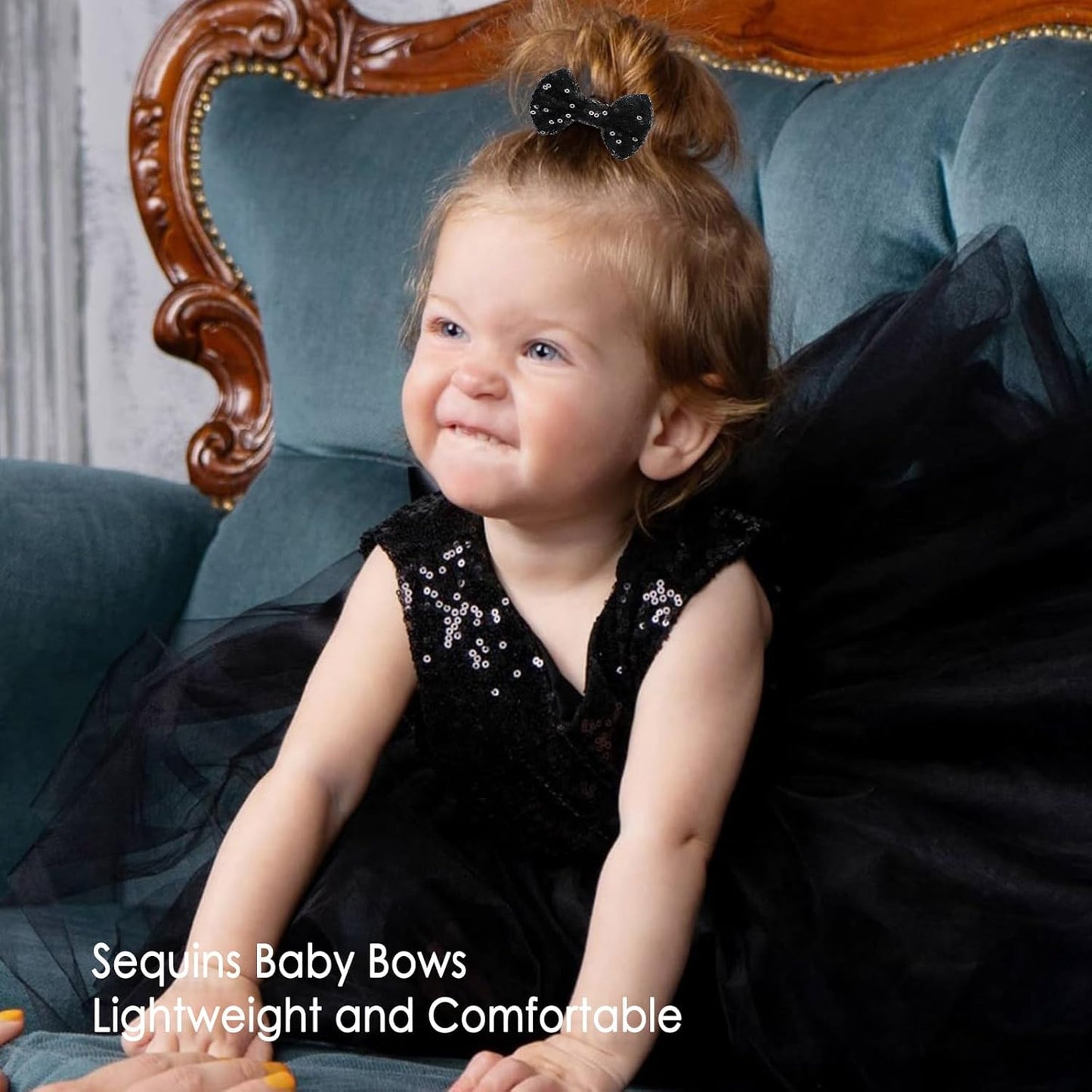 KISZU 3 Inch Glitter Hair Bows Clips, Sparkling Sequin Little Bow HairPins for Baby Girls Children Teens and Women (Black)