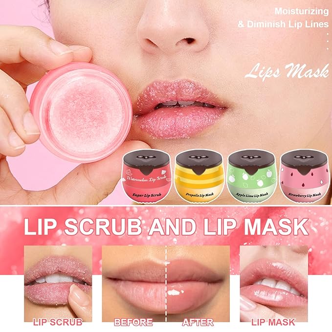Lip Therapy Set - Lip Scrub & Lip Mask, Overnight Treatment Lip Care Kits with - Exfoliate, Condition, Hydrate and Soothe, Exfoliator & Moisturize Natural Two Step Treatment(4PCS)
