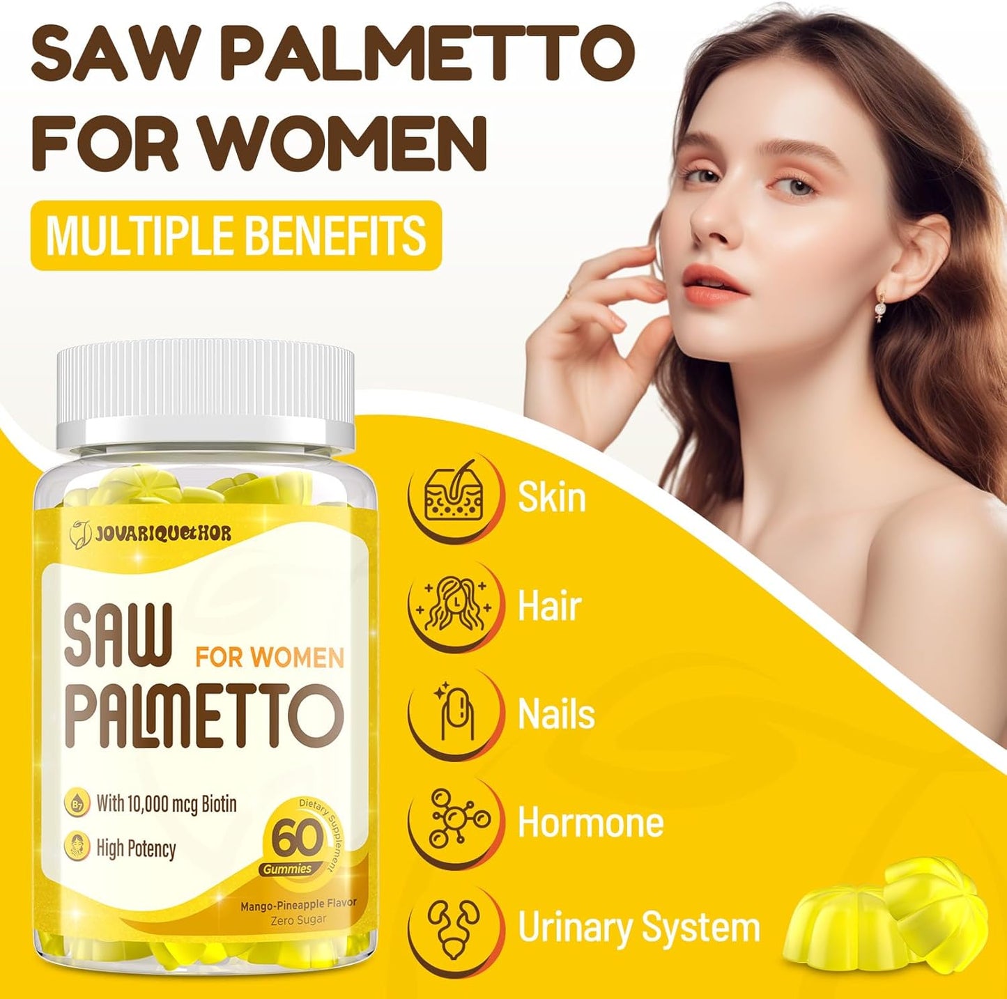 Saw Palmetto for Women - DHT Blocker Hair Growth Supplement - 500mg Potent Saw Palmetto Gummies for Hair, Skin, Nails, Urinary Wellness - Mango-Pineapple Flavor - 60 Gummies