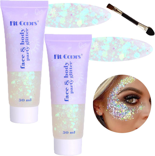 Body Glitter Face Glitter Gel: Singer Concerts Disco Festival Rave Accessories Face Glitter Makeup 150ml Chunky Sequins Mermaid Face Body Hair Glitter Gel (2 White)