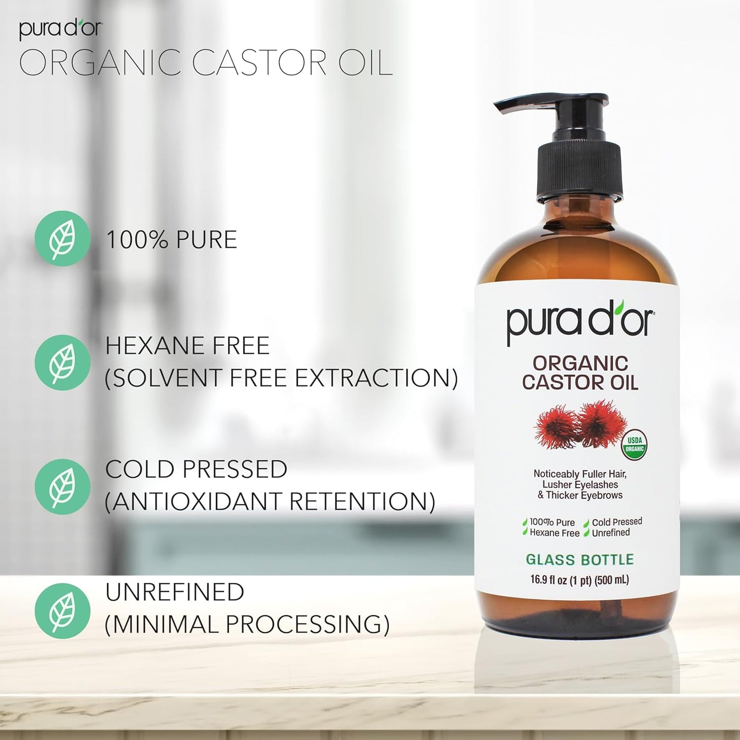 PURA D'OR 16.9 Oz ORGANIC Castor Oil (GLASS BOTTLE) 100% Pure USDA Certified Cold Pressed, Hexane Free Eyelash & Eyebrow Serum - For Fuller, Thicker Lashes & Brows - Skin & Hair Moisturizer