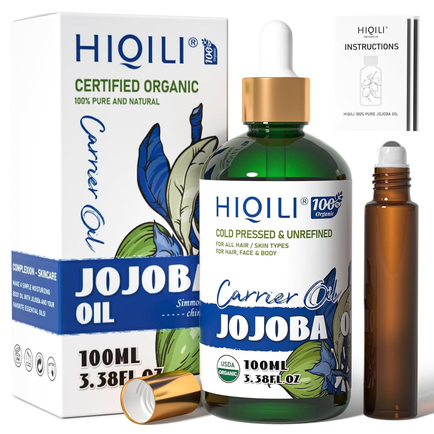 HIQILI 100ML Jojoba Oil Organic for Hair Growth,100% Pure Cold Pressed Unrefined, Included Roller Bottle for Massage - 3.38 Fl Oz