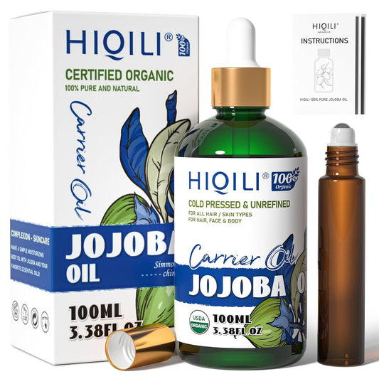 HIQILI 100ML Jojoba Oil Organic for Hair Growth,100% Pure Cold Pressed Unrefined, Included Roller Bottle for Massage - 3.38 Fl Oz