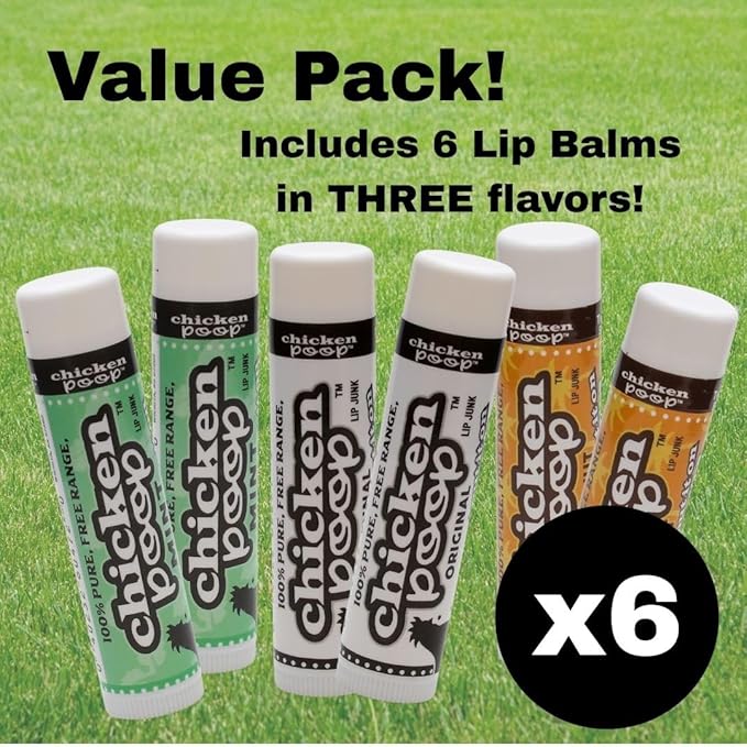 Chicken Poop Lip Balm Simone Chickenbone 100% Natural Moisturizer for Dry, Chapped Lips, Combo (2 Original, 2 Mint, 2 Coconut), Pack of 6