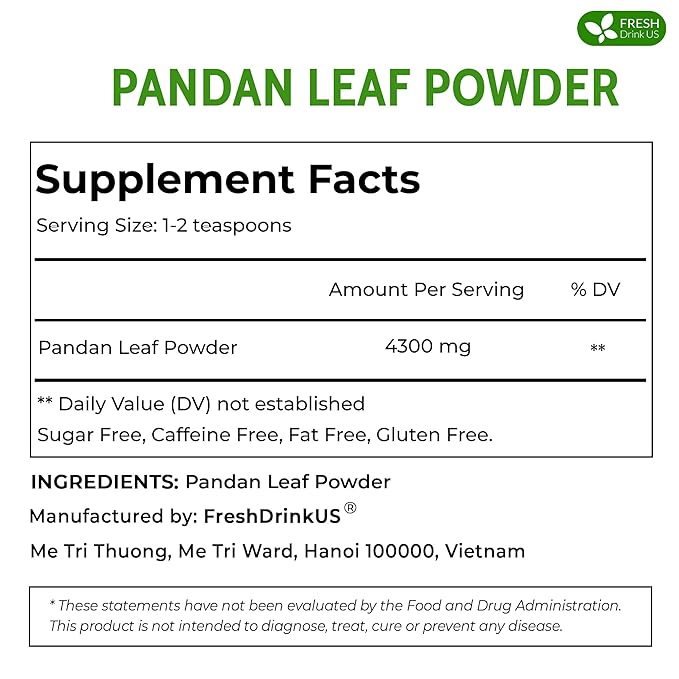 FreshDrinkUS, Premium 1.3oz Pandan Leaf Powder, 100% Natural and Pure from Pandan Dried Leaves, Emerald Pandan Powder, Green Food Coloring, No Additives, No Gluten, Vegan.