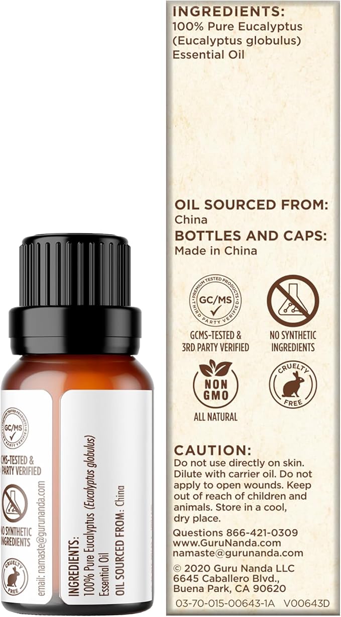 GuruNanda Eucalyptus Essential Oil (2x0.5 Fl Oz) - 100% Pure & Undiluted Aromatherapy Oil for Diffusers - Helps with Congestion for Easier Breathing