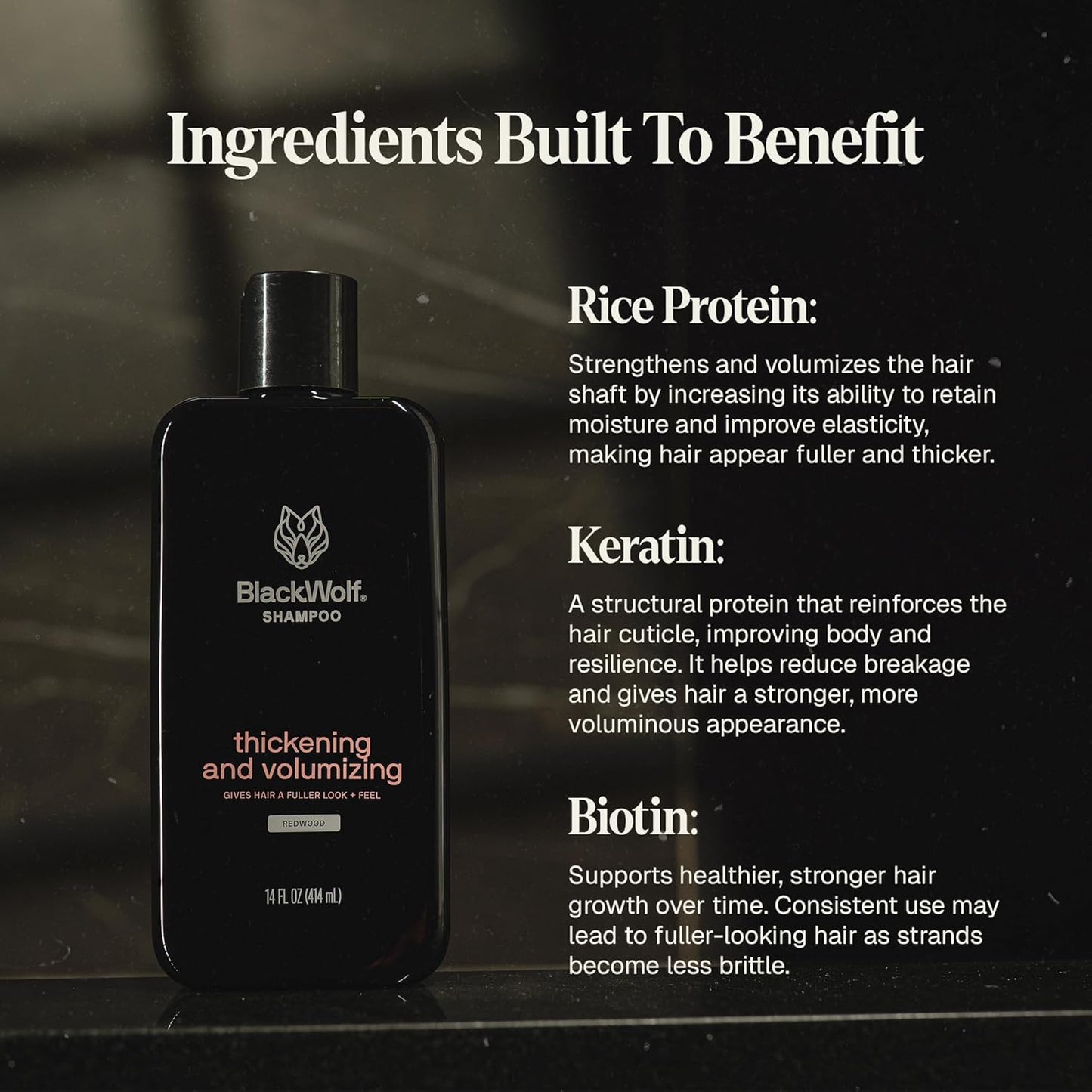 Black Wolf Thickening & Volumizing Hair Shampoo for Men - Strengthening Hair Care Products for Volume & Body with Biotin, Keratin & Hydrolyzed Rice Protein - Curly, Straight, Oily & Dry Haircare