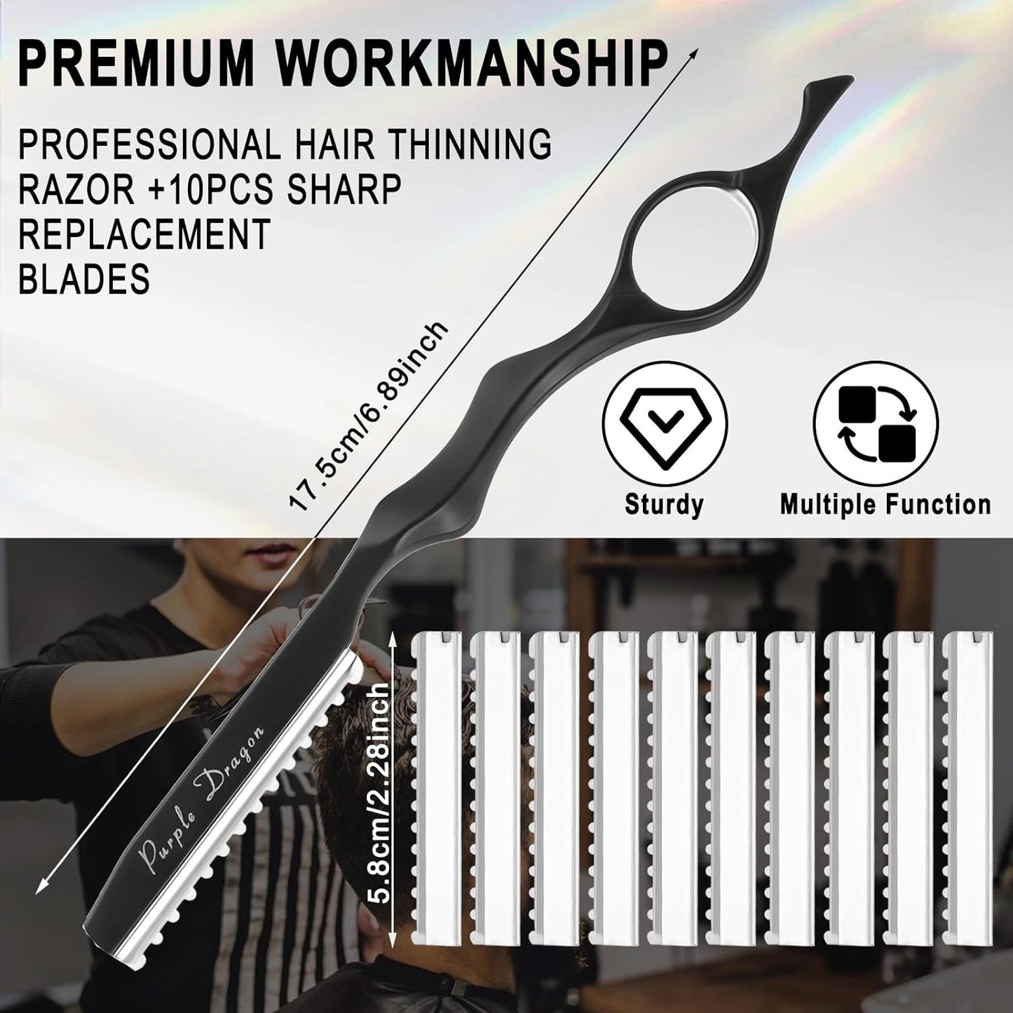 Hair Razors For Cutting Hair 7" Mental Thinning Styling Razors with 10 PCS Sharp Stainless Steel Blades Professional Hair Styling Tool for Salon and Home (Black)