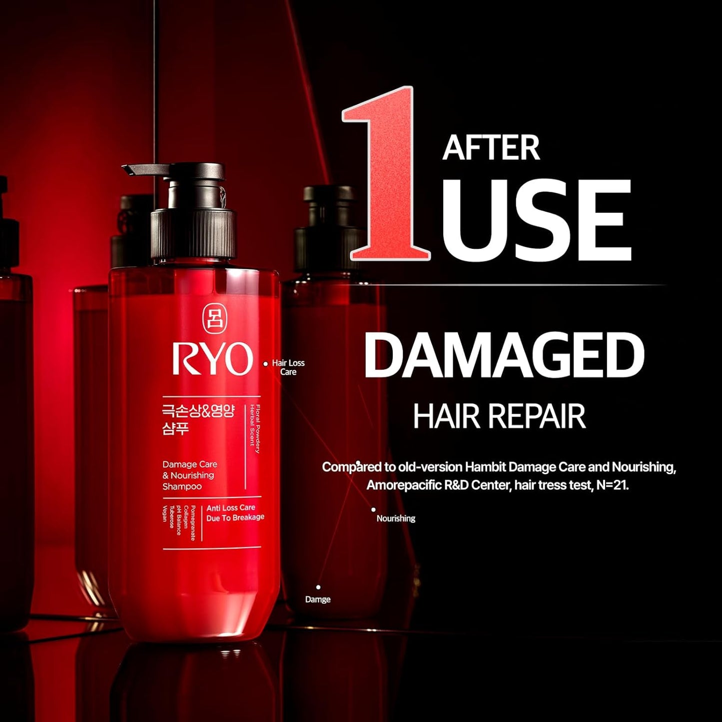 RYO Damage Care & Nourishing Shampoo with Korean Ginseng & Caffeine - Repair and Moisturizing, Anti Loss Care, Strengthening hair roots, 16 Fl Oz.