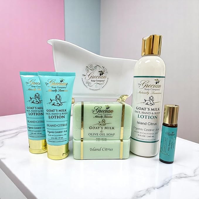 Deluxe Bathtub Gift Set, 6pcs Goat Milk & Olive Oil Skin Care Set, Birthday Gifts for Women, Bridal Shower Gifts, Gifts for Mom, Island Citrus Scent, Handmade in the USA