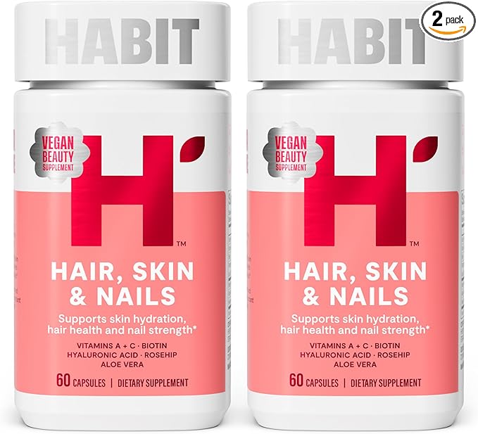 Habit Hair, Skin & Nails Supplement 2 Pack (120 Capsules) - New Look, Supports Skin Hydration, Hair & Nail Strength, Biotin 2000mcg, Vitamin A & C, Hyaluronic Acid, Rosehip, Vegan, Non-GMO