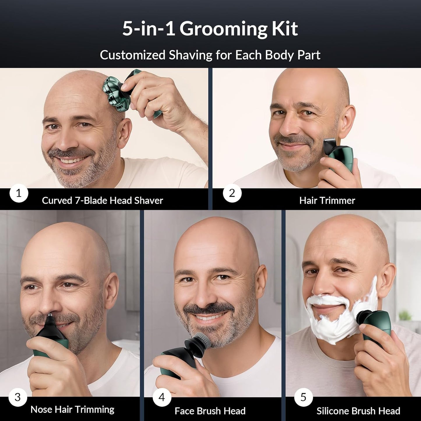Head Shavers for Bald Men - 7D Arc Magnetic Detachable Electric Razor, Waterproof Wet Dry 5-in-1 Electric Shaving & Grooming Kit, LED Display Rechargeable Head & Body Hair Shaver, Dark Green