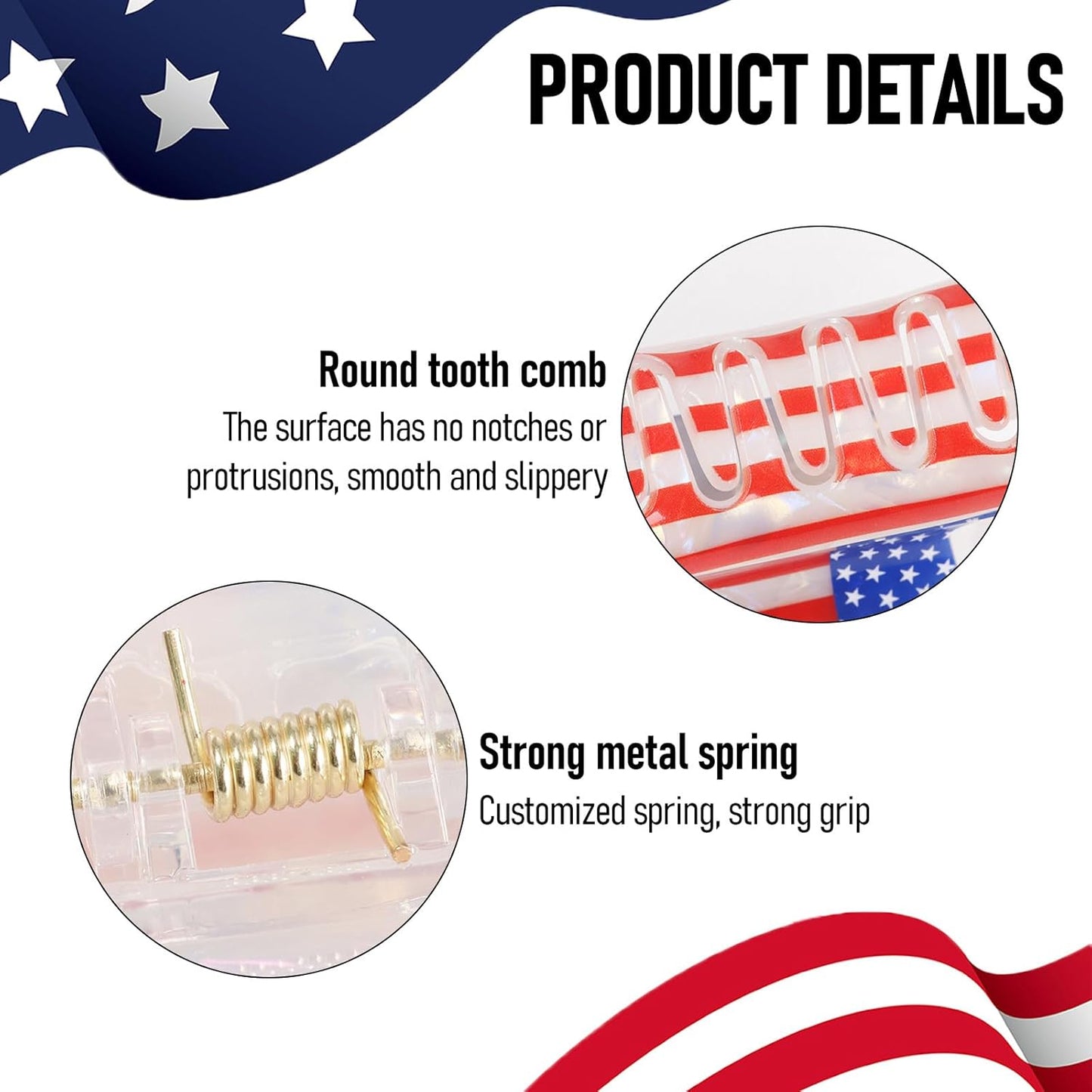 2 Pcs 4th of July Hair Claws for Women, Patriotic Hair Clips, Red White Blue Hair Claw Clips for Independence Day Party, Summer Hair Accessories with Stars and Stripes Design, Hair Claw for Thick Hair
