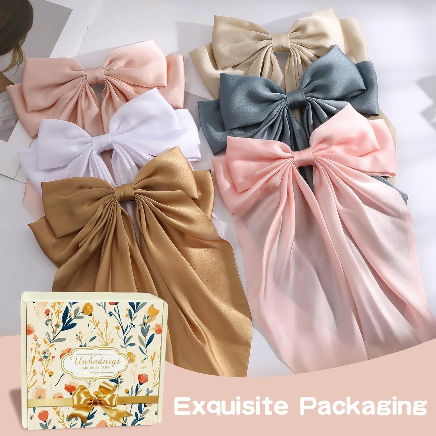 6 PCS Hair Bows for Women, Big Bow Hair Clips for Girls, Silky Satin Hair Bows Clips Oversized Long Tail, Large Hair Barrettes Cute Hair Accessories, Metal Bow Clips for Hair Khaki Color