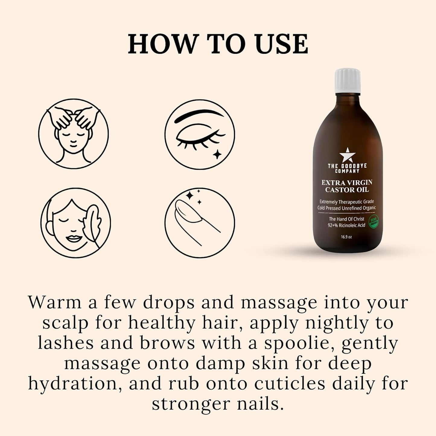 Premium Organic Cold-Pressed Castor Oil - 16.9 oz Glass Bottle, Hexane-Free, Small Batch, Extra Virgin, Ethically Sourced for Hair Growth, Skin Care, Lashes, Brows & Castor Oil Packs