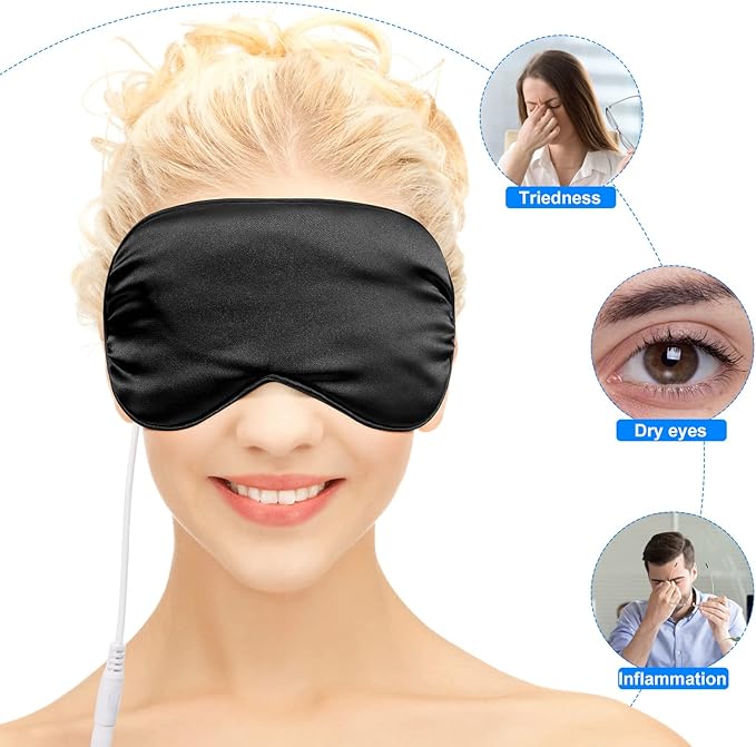 2 Pieces Silk Heated Eye Mask for Dry Eyes USB Steam Warm Compress for Puffy Eyes Adjustable Temp Sleep Eye Mask for Dry Eye, Chalazion, Blepharitis, Stye (Black, Grey)