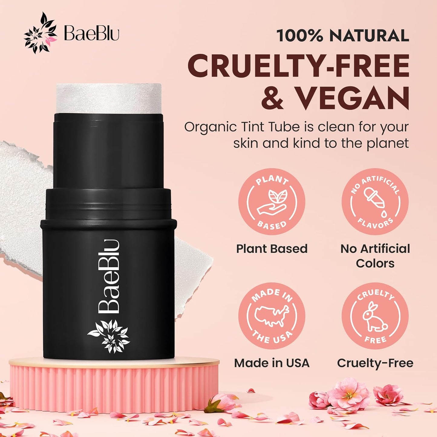 BaeBlu - Organic Blush Tube, Prosecco - 100% Natural Vegan Cream Blush Sticks, Multi-Use Bronzer, & Highlighter for Lips, Cheeks & Eyes, Buildable Shimmer, Gluten-Free, Paraben-Free, Made in USA