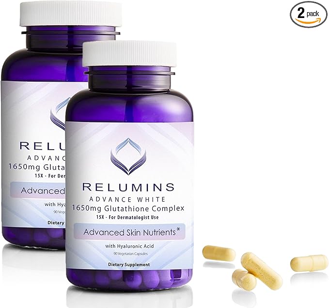 Relumins 1650mg L-Glutathione Complex with Hyaluronic Acid, Alpha Lipoic Acid, Rose HIPS, Vitamin E & Riboflavin – Antioxidant Support, Skin Hydration & Wellness – 90 Veggie Capsules x 2 Bottles