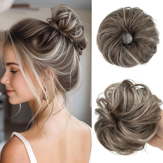 CJL HAIR 2PCs Small Cute Messy Bun Hair Piece for Thin Hair Women Mini Synthetic Curly Bun Scrunchies Updo Hairpieces Ash Grey