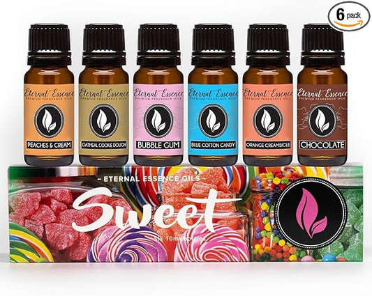 Eternal Essence Oils Sweet Set of 6 Premium Fragrance Oils - Includes Bubble Gum, Orange Creamsicle, Peaches & Cream, Blue Cotton Candy, Oatmeal Cookie Dough, and. Chocolate Scented Oils - 10ML