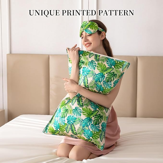 THXSILK Sleep Mask 100% 19 Momme Pure Mulberry Silk Super Smooth Cooling Decorative Sleep Eye Mask Blackout Eye Cover with Wide Head Strap, Monstera-Green