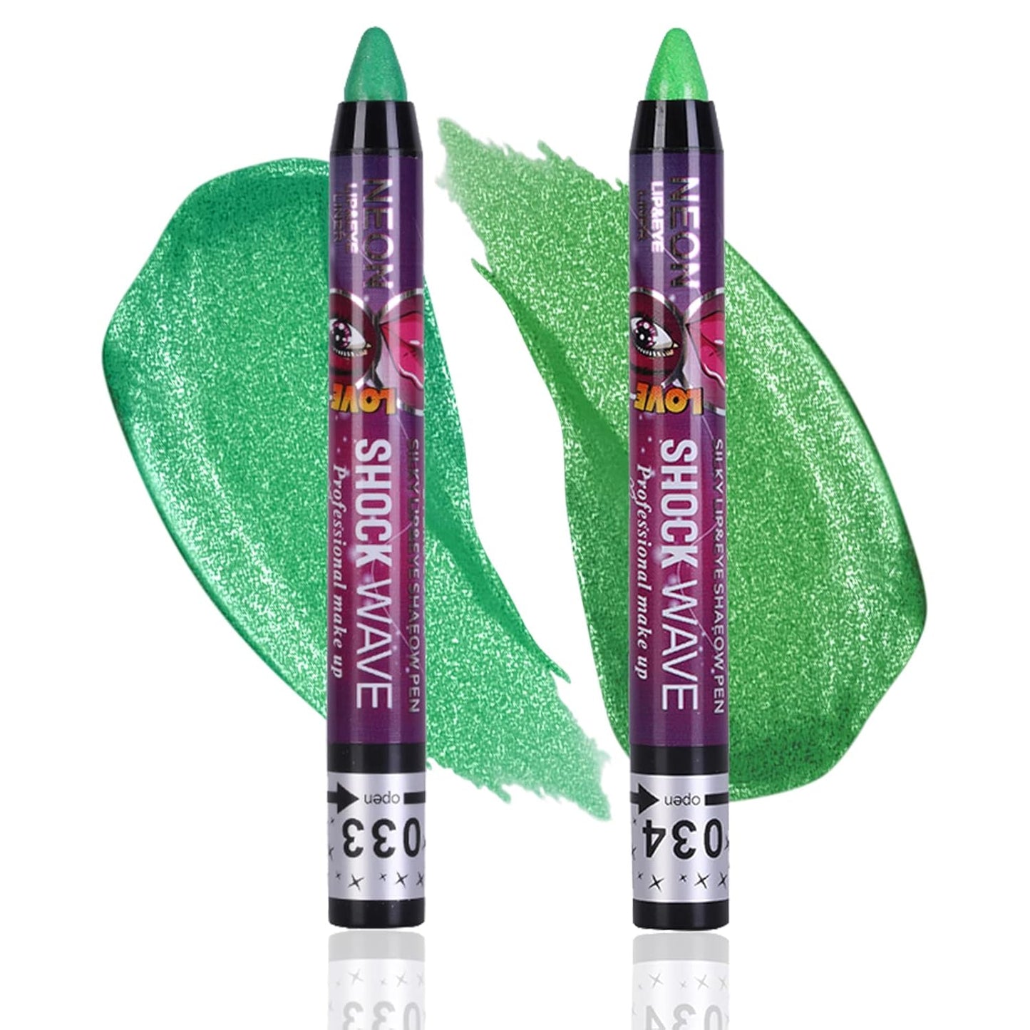 MEICOLY 2Pcs Green Eyeshadow Stick for Halloween Wicked Witch Elphaba Makeup,Metallic Shimmer Green Eye Shadow,Waterproof Shiny Bright Rotating Glitter Eyeshadow,St Patricks Day Accessories Eye Makeup