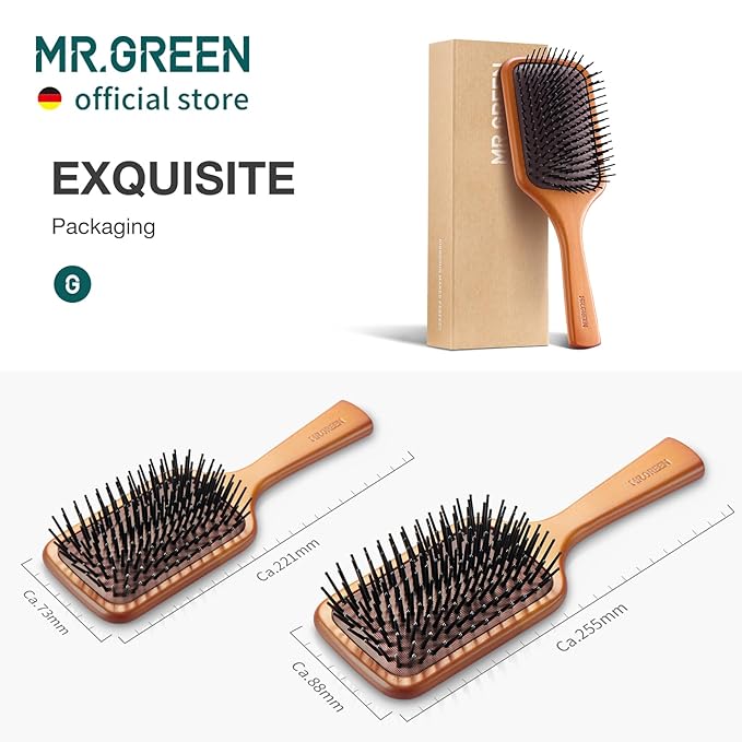 MR.GREEN Hair Brush Natural Maple Wide Board Massage Scalp Comb Air Cushion Anti-Static Detangle Brush For Curly Long Hair Both Women Men (Small)