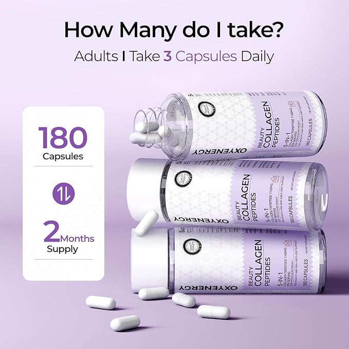 OxyEnergy Collagen Peptides Capsules for Women, 1100mg Hydrolyzed Collagen Tripeptides(Types I) Supplements with Biotin and Vitamin C, 180 Collagen Pills to Promotes Hair, Nail, Skin, 2 Months Supply
